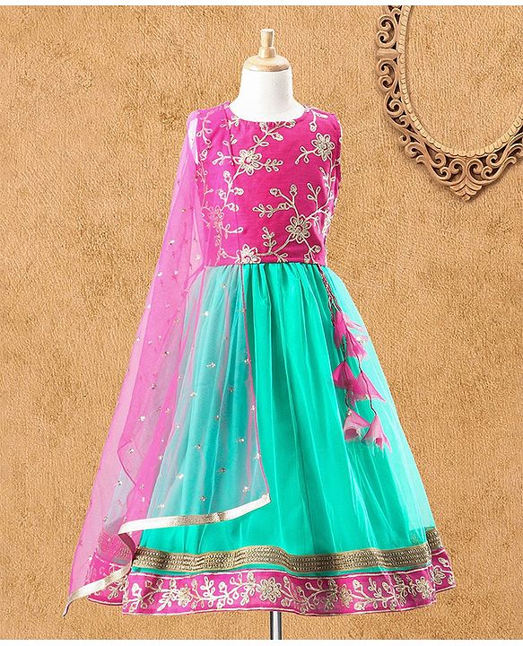Babyhug Sleeveless Embroidered Choli Lehenga & Dupatta Set - Fuchsia Pink & Green