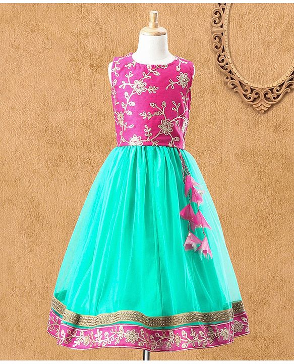 Babyhug Sleeveless Embroidered Choli Lehenga & Dupatta Set - Fuchsia Pink & Green
