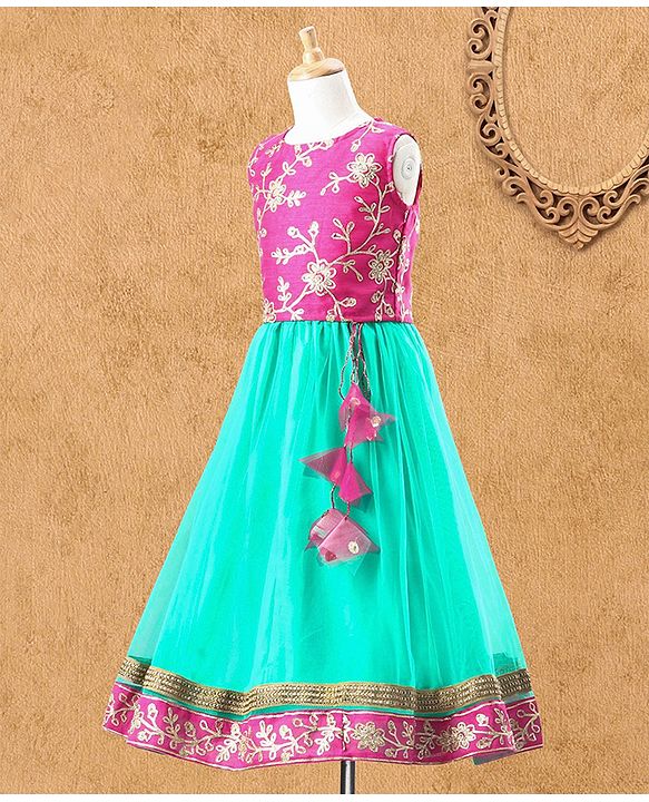 Babyhug Sleeveless Embroidered Choli Lehenga & Dupatta Set - Fuchsia Pink & Green