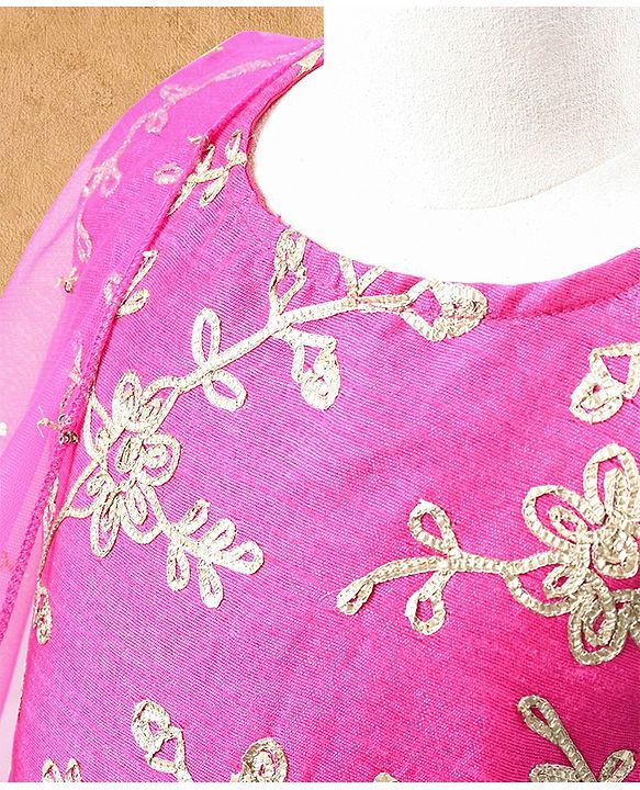 Babyhug Sleeveless Embroidered Choli Lehenga & Dupatta Set - Fuchsia Pink & Green