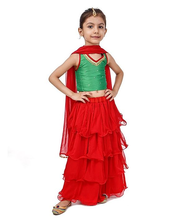Babyhug Sleeveless Choli & Layered Lehenga With Dupatta Sequin Detailing - Green Maroon