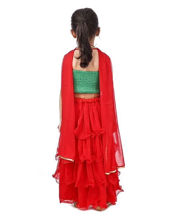 Babyhug Sleeveless Choli & Layered Lehenga With Dupatta Sequin Detailing - Green Maroon