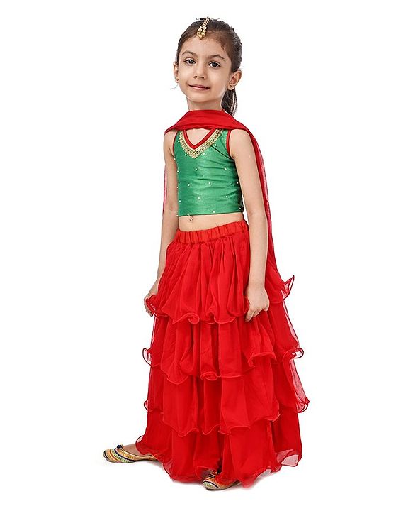 Babyhug Sleeveless Choli & Layered Lehenga With Dupatta Sequin Detailing - Green Maroon