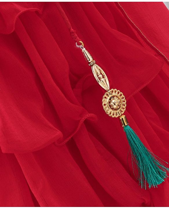 Babyhug Sleeveless Choli & Layered Lehenga With Dupatta Sequin Detailing - Green Maroon