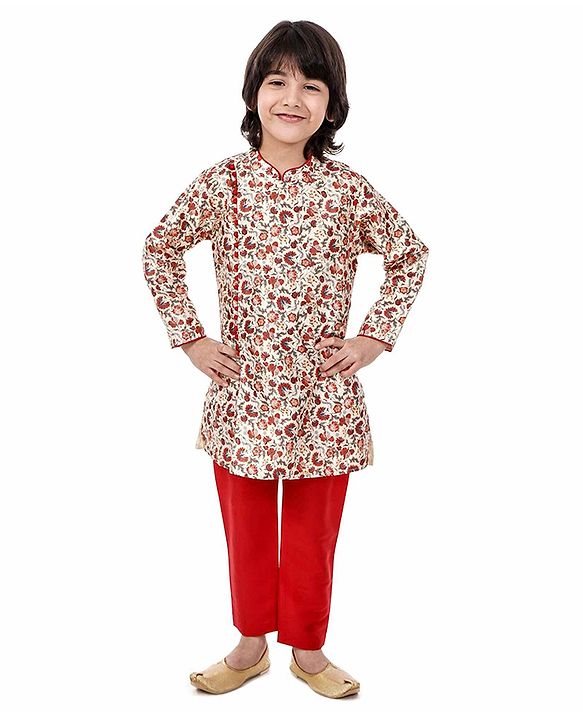 Babyhug Full Sleeves Kurta & Pyjama - Maroon Beige