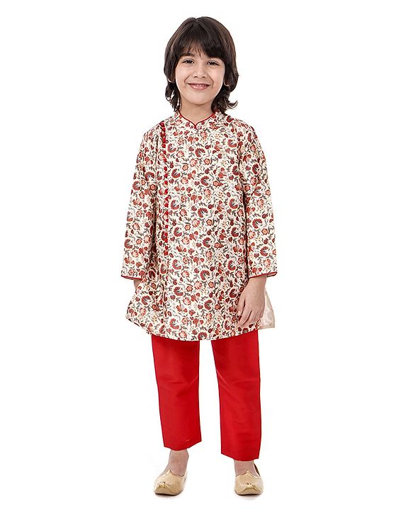 Babyhug Full Sleeves Kurta & Pyjama - Maroon Beige