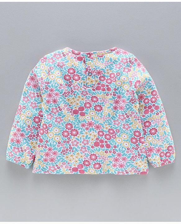 Babyhug Dungaree With Full Sleeves Inner T-Shirt Floral Print - Pink Blue