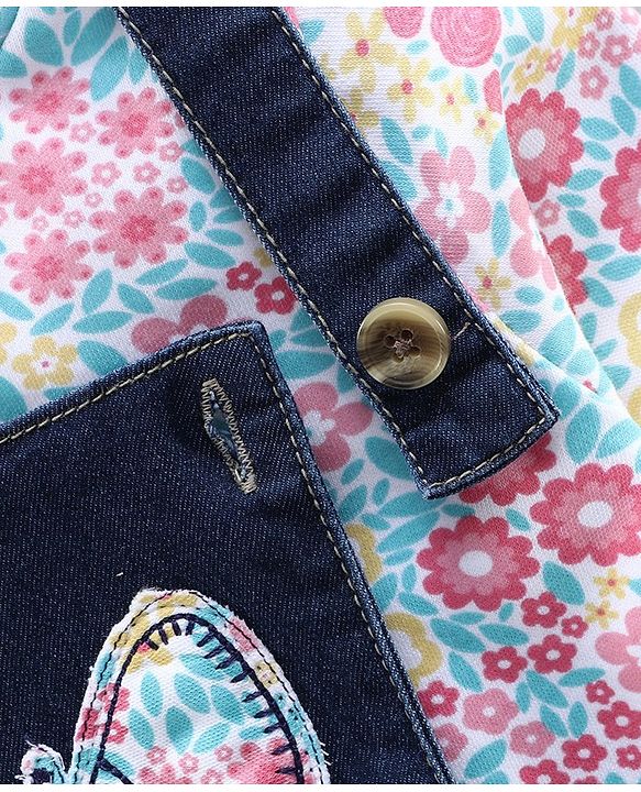 Babyhug Dungaree With Full Sleeves Inner T-Shirt Floral Print - Pink Blue