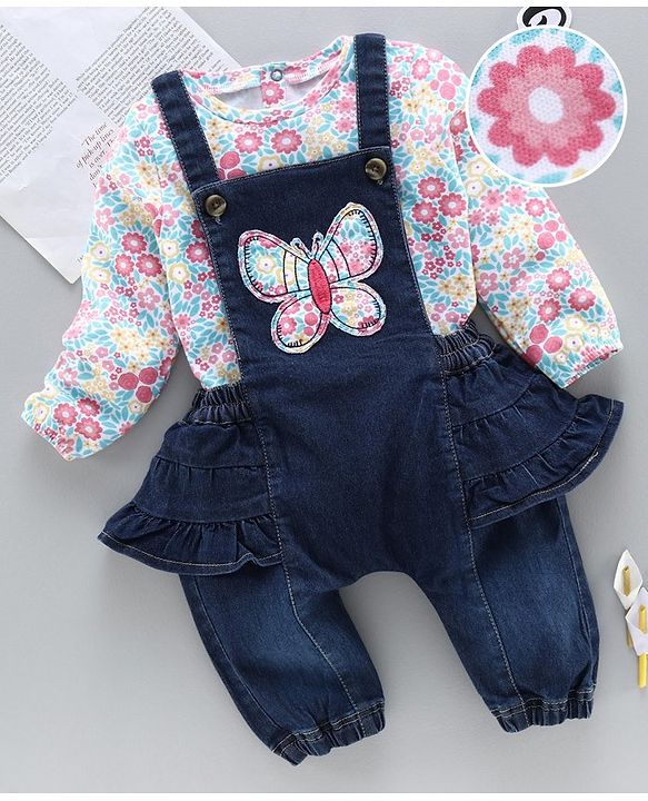 Babyhug Dungaree With Full Sleeves Inner T-Shirt Floral Print - Pink Blue