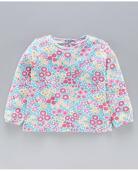 Babyhug Dungaree With Full Sleeves Inner T-Shirt Floral Print - Pink Blue