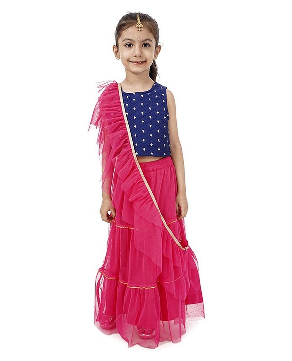 Babyhug Sleeveless Embroidered Choli & Lehenga with Dupatta - Pink Blue