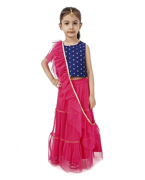 Babyhug Sleeveless Embroidered Choli & Lehenga with Dupatta - Pink Blue