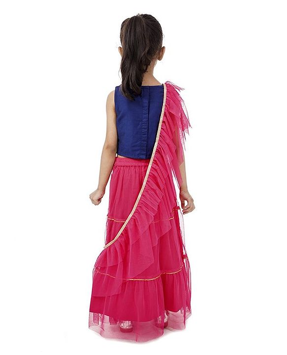 Babyhug Sleeveless Embroidered Choli & Lehenga with Dupatta - Pink Blue