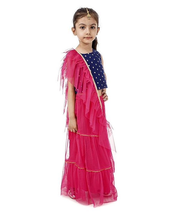 Babyhug Sleeveless Embroidered Choli & Lehenga with Dupatta - Pink Blue