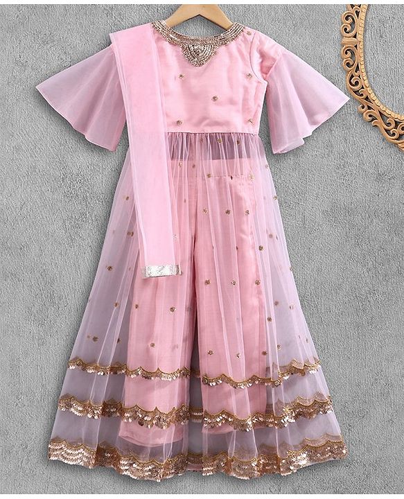 Babyhug Half Sleeves Full Length Kurta With Pants & Dupatta - Light Pink