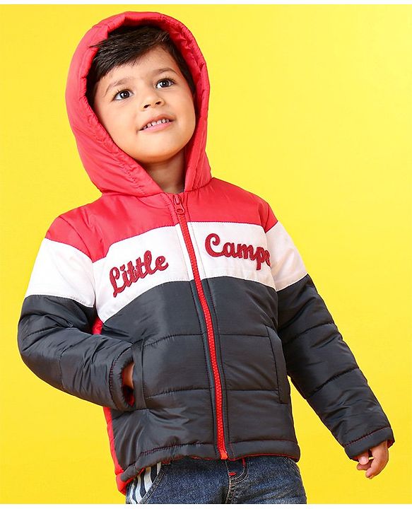 Babyhug Full Sleeves Hooded Padded Jacket Little Camper Patch - Red White Navy Blue