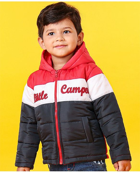 Babyhug Full Sleeves Hooded Padded Jacket Little Camper Patch - Red White Navy Blue