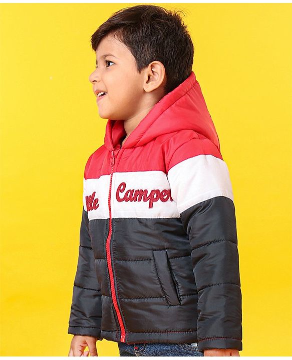 Babyhug Full Sleeves Hooded Padded Jacket Little Camper Patch - Red White Navy Blue