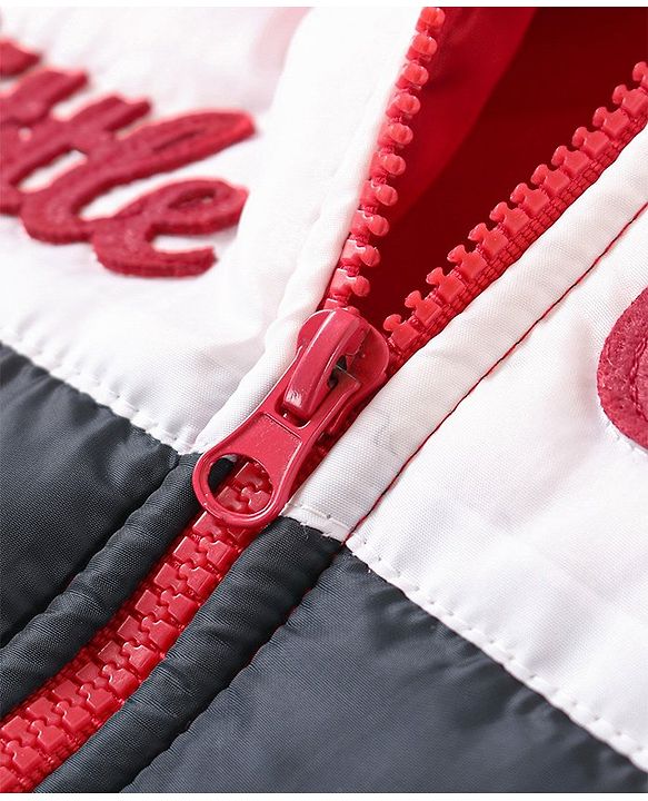 Babyhug Full Sleeves Hooded Padded Jacket Little Camper Patch - Red White Navy Blue