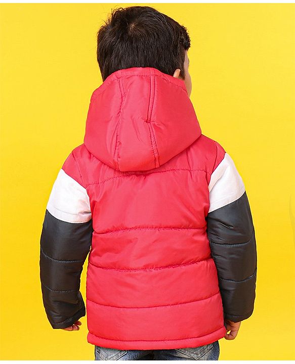 Babyhug Full Sleeves Hooded Padded Jacket Little Camper Patch - Red White Navy Blue