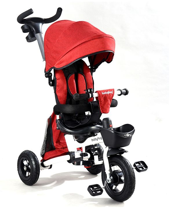Babyhug Prodigy Plug & Play 7 in 1 Stroller Trike with Foldable Frame|360° Rotatable Seat|Rubber Wheels with Brakes|Parental Handle with Canopy|Storage Basket with Bell for Boys & Girls - Red