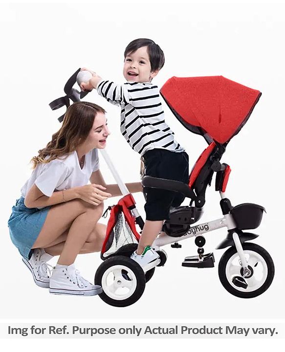 Babyhug Prodigy Plug & Play 7 in 1 Stroller Trike with Foldable Frame|360° Rotatable Seat|Rubber Wheels with Brakes|Parental Handle with Canopy|Storage Basket with Bell for Boys & Girls - Red