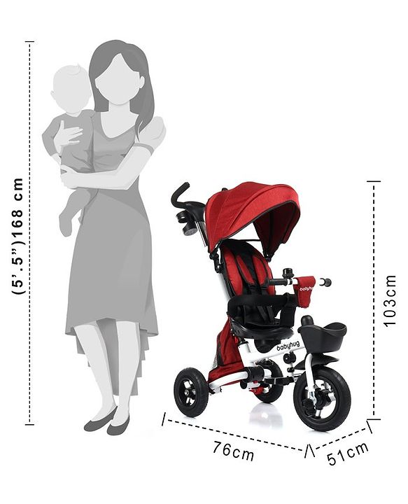 Babyhug Prodigy Plug & Play 7 in 1 Stroller Trike with Foldable Frame|360° Rotatable Seat|Rubber Wheels with Brakes|Parental Handle with Canopy|Storage Basket with Bell for Boys & Girls - Red