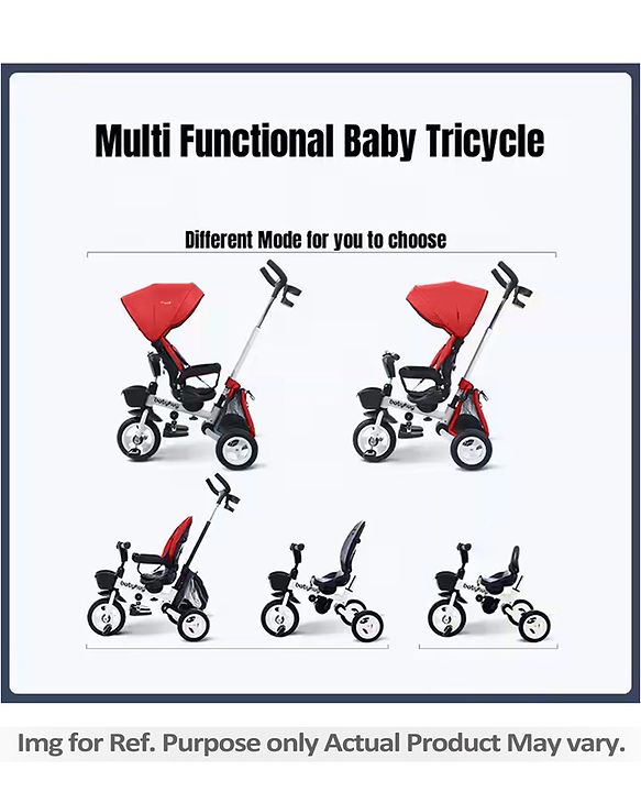 Babyhug Prodigy Plug & Play 7 in 1 Stroller Trike with Foldable Frame|360° Rotatable Seat|Rubber Wheels with Brakes|Parental Handle with Canopy|Storage Basket with Bell for Boys & Girls - Red