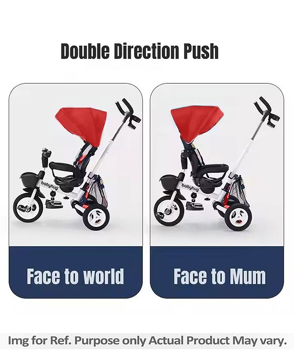 Babyhug Prodigy Plug & Play 7 in 1 Stroller Trike with Foldable Frame|360° Rotatable Seat|Rubber Wheels with Brakes|Parental Handle with Canopy|Storage Basket with Bell for Boys & Girls - Red