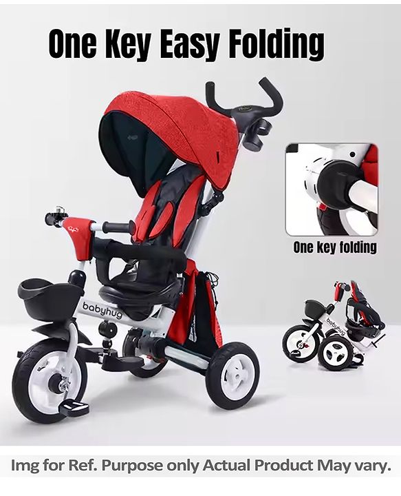 Babyhug Prodigy Plug & Play 7 in 1 Stroller Trike with Foldable Frame|360° Rotatable Seat|Rubber Wheels with Brakes|Parental Handle with Canopy|Storage Basket with Bell for Boys & Girls - Red
