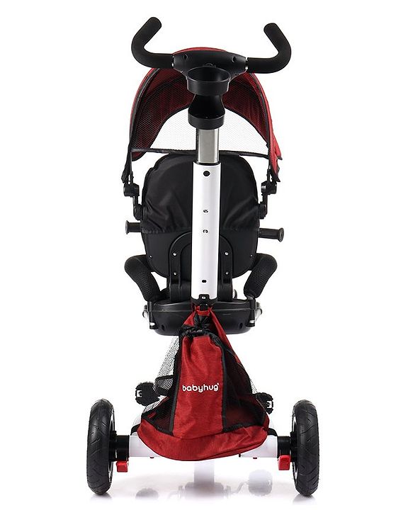Babyhug Prodigy Plug & Play 7 in 1 Stroller Trike with Foldable Frame|360° Rotatable Seat|Rubber Wheels with Brakes|Parental Handle with Canopy|Storage Basket with Bell for Boys & Girls - Red