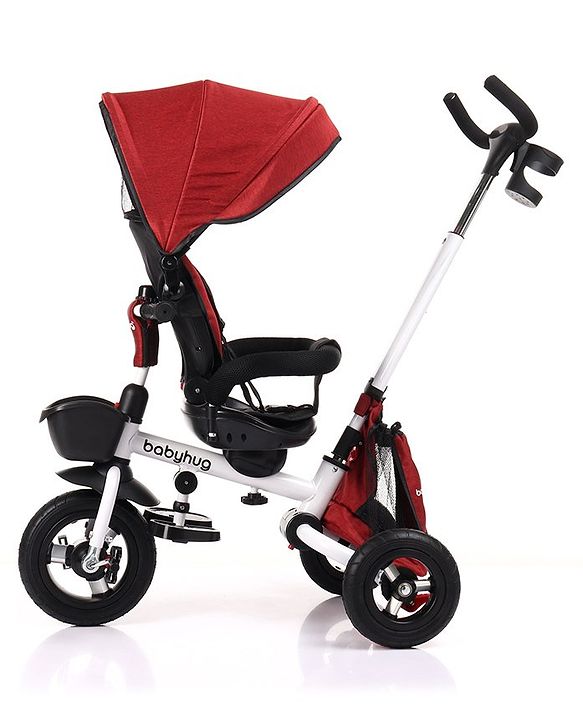 Babyhug Prodigy Plug & Play 7 in 1 Stroller Trike with Foldable Frame|360° Rotatable Seat|Rubber Wheels with Brakes|Parental Handle with Canopy|Storage Basket with Bell for Boys & Girls - Red