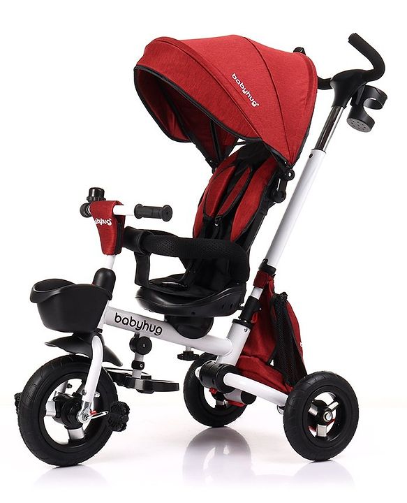 Babyhug Prodigy Plug & Play 7 in 1 Stroller Trike with Foldable Frame|360° Rotatable Seat|Rubber Wheels with Brakes|Parental Handle with Canopy|Storage Basket with Bell for Boys & Girls - Red