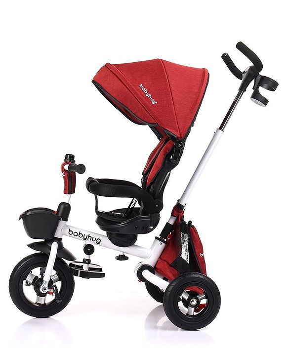Babyhug Prodigy Plug & Play 7 in 1 Stroller Trike with Foldable Frame|360° Rotatable Seat|Rubber Wheels with Brakes|Parental Handle with Canopy|Storage Basket with Bell for Boys & Girls - Red