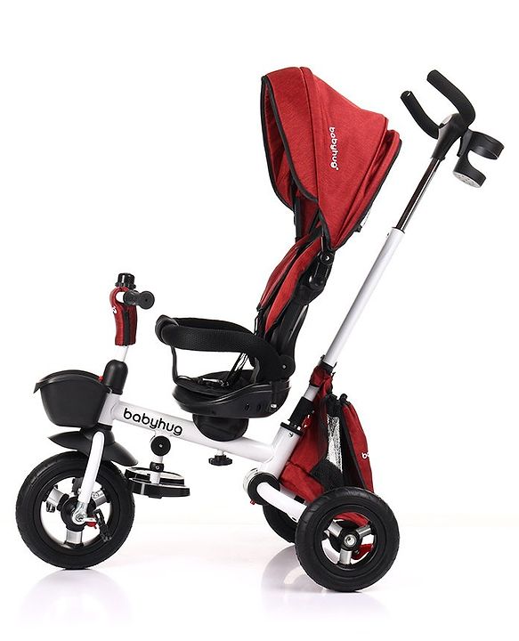 Babyhug Prodigy Plug & Play 7 in 1 Stroller Trike with Foldable Frame|360° Rotatable Seat|Rubber Wheels with Brakes|Parental Handle with Canopy|Storage Basket with Bell for Boys & Girls - Red