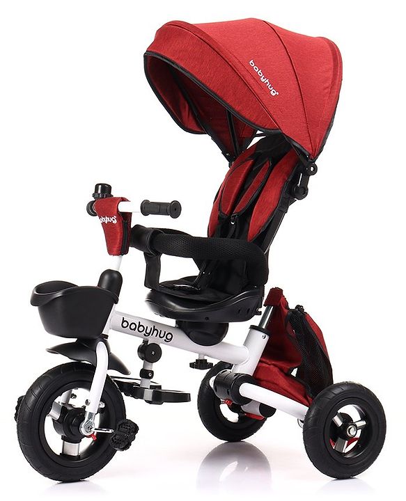 Babyhug Prodigy Plug & Play 7 in 1 Stroller Trike with Foldable Frame|360° Rotatable Seat|Rubber Wheels with Brakes|Parental Handle with Canopy|Storage Basket with Bell for Boys & Girls - Red