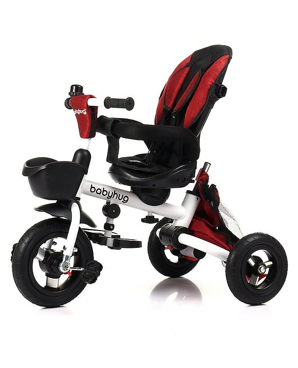 Babyhug Prodigy Plug & Play 7 in 1 Stroller Trike with Foldable Frame|360° Rotatable Seat|Rubber Wheels with Brakes|Parental Handle with Canopy|Storage Basket with Bell for Boys & Girls - Red