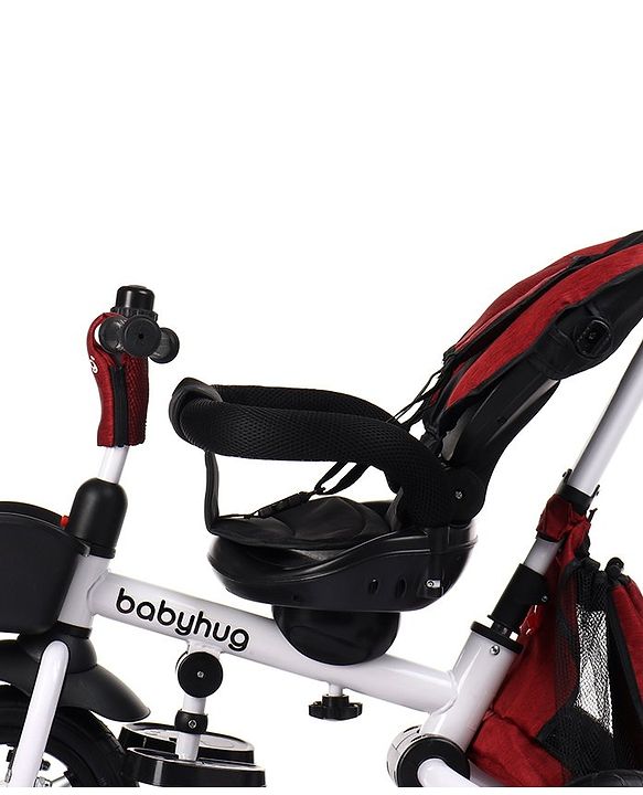 Babyhug Prodigy Plug & Play 7 in 1 Stroller Trike with Foldable Frame|360° Rotatable Seat|Rubber Wheels with Brakes|Parental Handle with Canopy|Storage Basket with Bell for Boys & Girls - Red