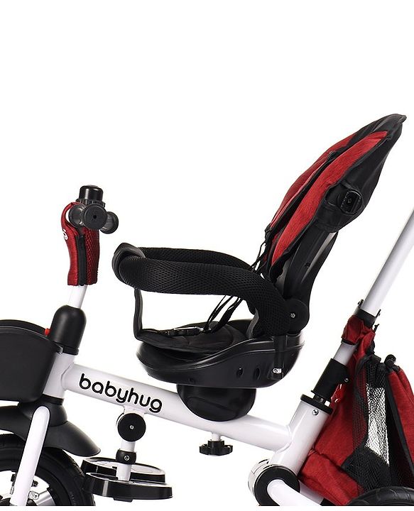 Babyhug Prodigy Plug & Play 7 in 1 Stroller Trike with Foldable Frame|360° Rotatable Seat|Rubber Wheels with Brakes|Parental Handle with Canopy|Storage Basket with Bell for Boys & Girls - Red