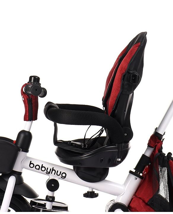Babyhug Prodigy Plug & Play 7 in 1 Stroller Trike with Foldable Frame|360° Rotatable Seat|Rubber Wheels with Brakes|Parental Handle with Canopy|Storage Basket with Bell for Boys & Girls - Red