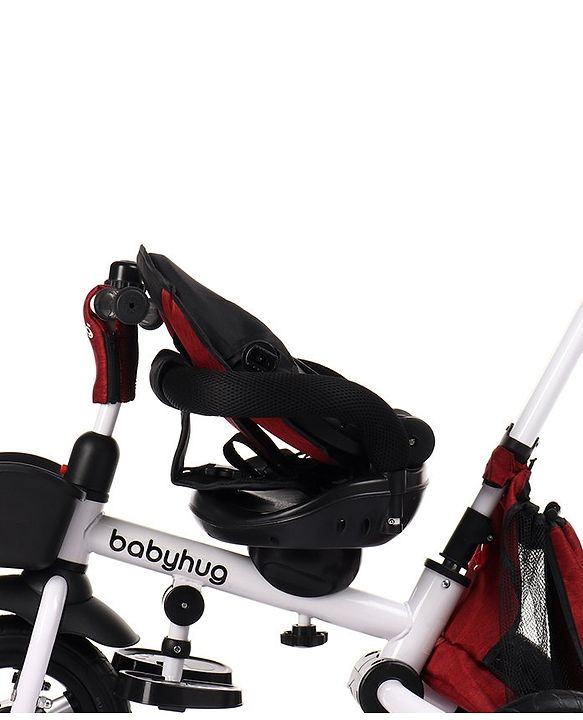 Babyhug Prodigy Plug & Play 7 in 1 Stroller Trike with Foldable Frame|360° Rotatable Seat|Rubber Wheels with Brakes|Parental Handle with Canopy|Storage Basket with Bell for Boys & Girls - Red