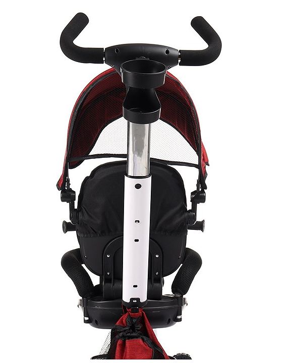Babyhug Prodigy Plug & Play 7 in 1 Stroller Trike with Foldable Frame|360° Rotatable Seat|Rubber Wheels with Brakes|Parental Handle with Canopy|Storage Basket with Bell for Boys & Girls - Red