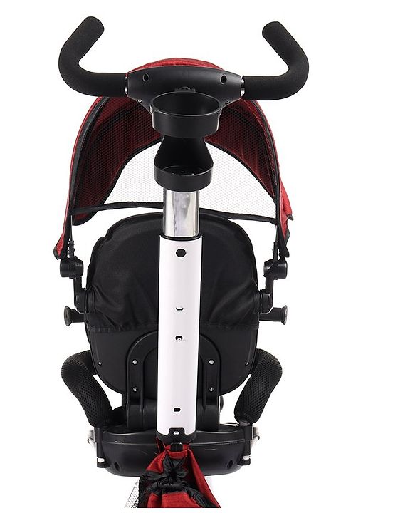 Babyhug Prodigy Plug & Play 7 in 1 Stroller Trike with Foldable Frame|360° Rotatable Seat|Rubber Wheels with Brakes|Parental Handle with Canopy|Storage Basket with Bell for Boys & Girls - Red