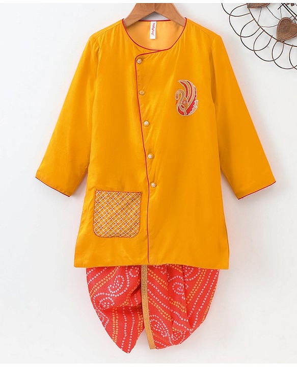 Babyhug Full Sleeves Kurta & Dhoti Swan Embroidery - Yellow Orange