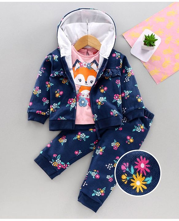 Babyhug Top Bottom & Hooded Jacket Floral Print - Pink Navy
