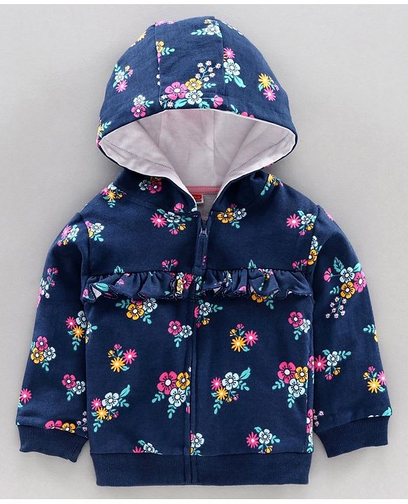 Babyhug Top Bottom & Hooded Jacket Floral Print - Pink Navy