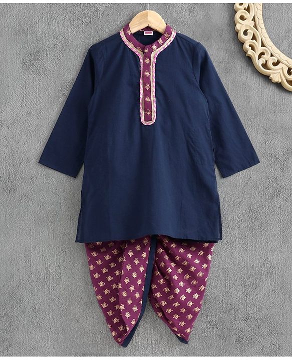 Babyhug Full Sleeves Kurta & Dhoti Floral Print - Navy Blue Violet