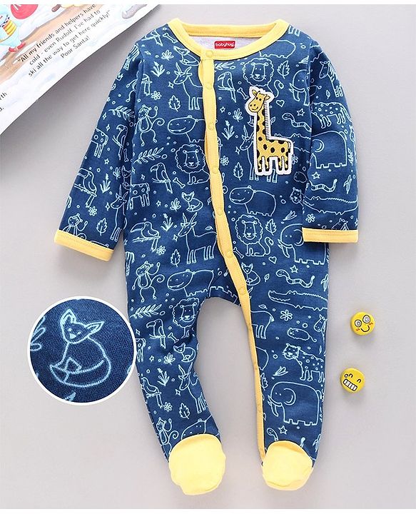 Babyhug Full Sleeves Footed Printed Sleepsuit Giraffe Patch - Blue