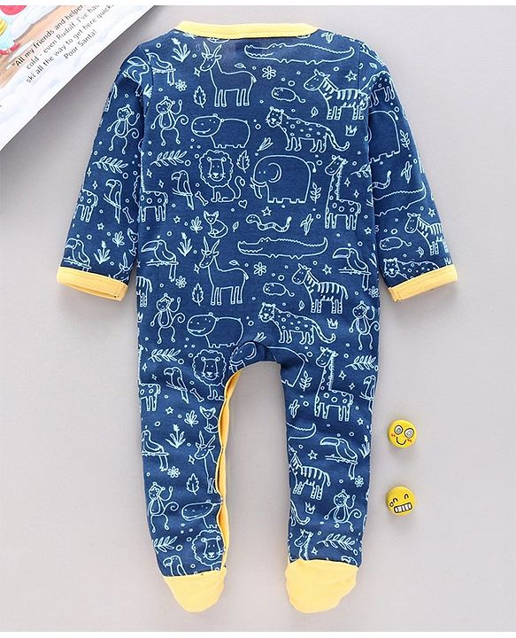 Babyhug Full Sleeves Footed Printed Sleepsuit Giraffe Patch - Blue