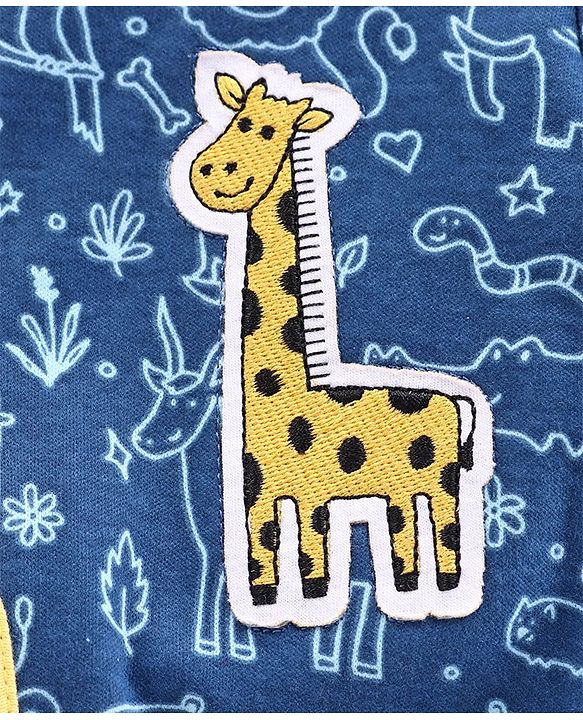 Babyhug Full Sleeves Footed Printed Sleepsuit Giraffe Patch - Blue